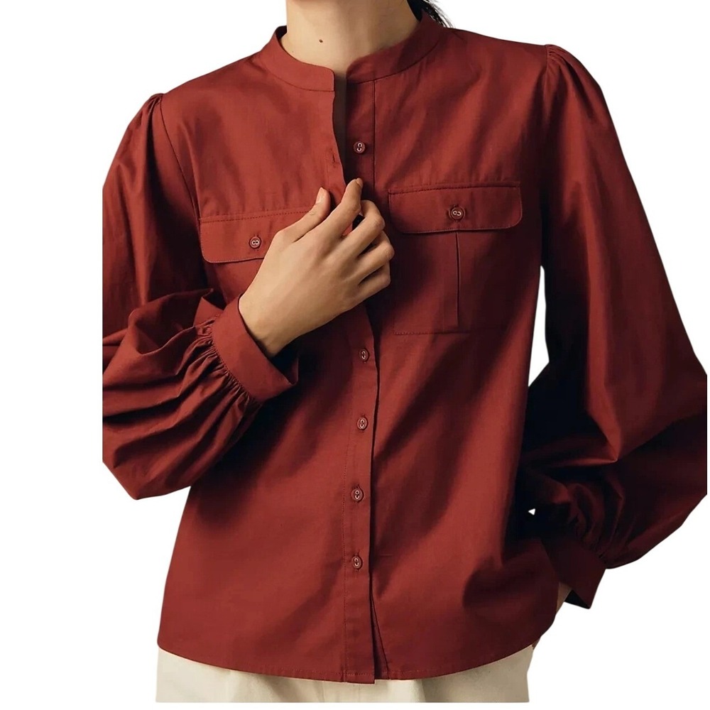 Anthropologie Nikasha Utility Cargo Blouse Crimson Red XL New NWT Puff Sleeve